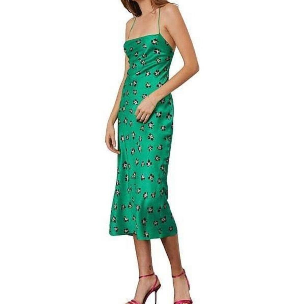 Bec + Bridge Tropicana Midi Dress 100% Silk Emerald Green Floral Strappy Back 2